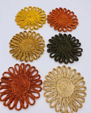 Vintage 6 Wicker Coasters Rattan Straw Woven Flower Boho Home Decor Barware