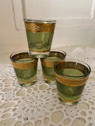 Four Vintage Green And Gold Shot Glasses In,  Culver 