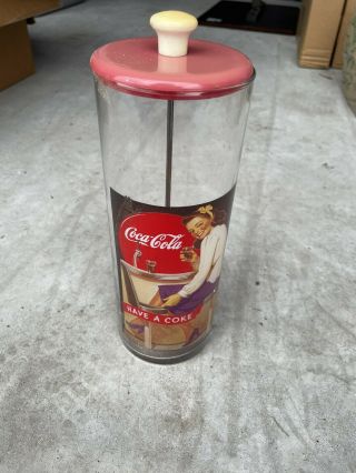 Vintage Coca - Cola Glass Straw Holder Dispenser Have A Coke Coke Girl 1980s