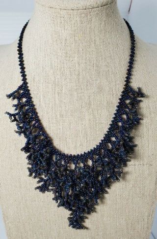 Blue Purple Handmade Vintage Seed Bead Fringe Choker Necklace 13 "