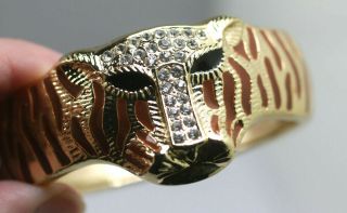Vintage Gold Tone Tiger Cougar Enamel Clear Rhinestone Bracelet Bangle Hinged