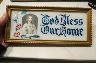 Vintage Religious Picture Gold Frame,  Foil Flowers,  God Bless Our Home,  Jesus