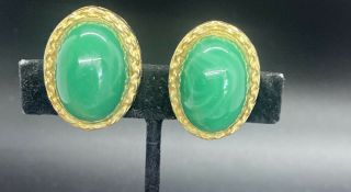 Vintage Gold Tone Large Green Glass Cabochon Clip Earrings