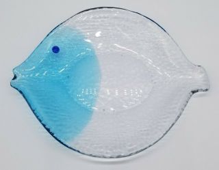 , Vintage Zodax Thailand Blown Glass Fish Plate Dish Blue Clear Textured Bottom