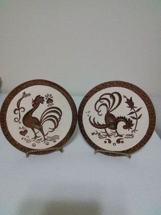 Vintage Mid Century Modern Retro Set Of Two Chalkware Chicken Rooster Plaques