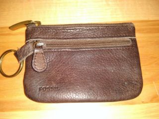 Vintage Brown Leather Fossil Coin Purse Key Chain Zip Wallet