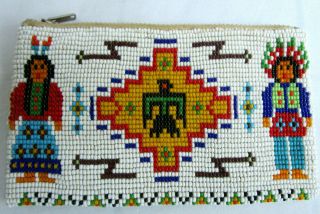 Vtg Native American Style.  Beaded.  Coin / Change.  Leather Lined.  Purse.  Pouch