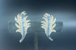 Vintage Rhodium Plate Clear And Blue Rhinestone Leaf Signed Pell Clip Earrings