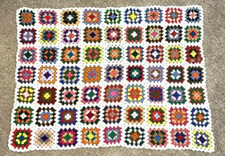 Handmade Granny Square Crochet Throw Blanket Rainbow White 51”x37.  5” Flaws