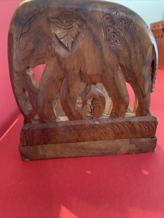 Vintage Wooden Book Shelf Slide Extending Hand Carved Elephant Sides