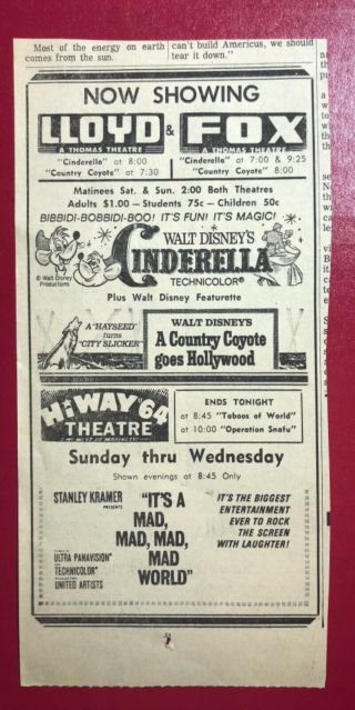 1965 Walt Disney’s “cinderella”&“a Country Coyote Goes Hollywood” Movie Ad 8x4”