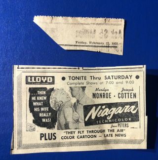 1953 “niagara” Marilyn Monroe Joseph Cotten Movie Print Ad 4x2.  5”