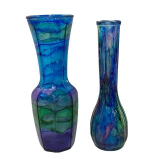 Vintage Blue Green Art Glass Bud Vase Set Ink Stained Hand Painted Colorful