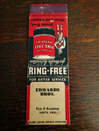Vintage Crown Matchcover: Ring - Motor Oil,  Edwards Bros. ,  Santa Ana,  Ca 66