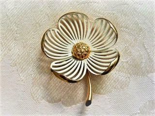 Vintage Monet Gold Tone And Off White Enamel Flower Pin Brooch As Found