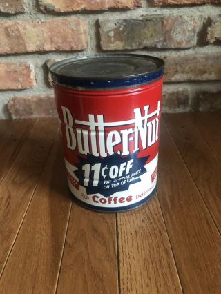 Vintage Coffee Tin Can,  Lid Butter - Nut 2 Lbs 11 Cents Off Regular Grind