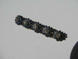 Vintage Art Nouveau Silver Blue Enamel Open Back Rhinestone Daisy Flower Bar Pin