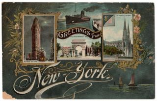 052721 Vintage Greetings From York City Postcard Flat Iron Bldg Multi View