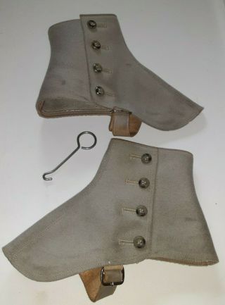 Vintage Antique Gray Wool Felt 4 Button Leather Strap Spats Shoe Covers Pair