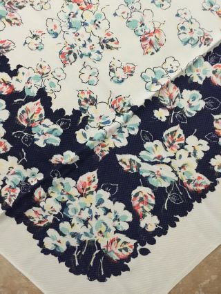Vintage Printed Tablecloth Blue/white Floral Satin Cotton Blend 56x51 "
