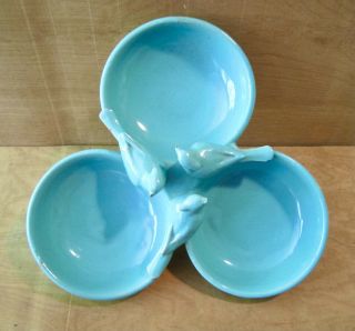 Unique Vintage Turquoise Pottery Three Bowl Bird Bath Feeder