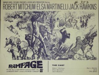 Rampage Synopsis Sheet 1963 Robert Mitchum,  Elsa Martinelli