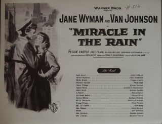 Miracle In The Rain Synopsis Sheet 1956 Jane Wyman,  Van Johnson