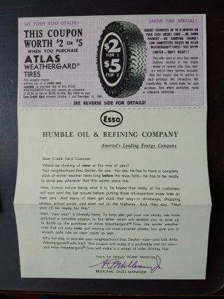 1965 Vtg Atlas Weathergard Tires Advertising Coupon Esso Humble Oil Refining Co