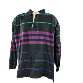 Vintage At Ease Polo Rugby Shirt Xl Blue Purple Stripes Cotton Long - Sleeve