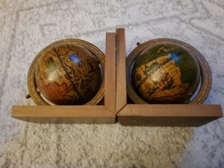 Vintage Olde World Globe Made In Italy Wooden Library Bookends Rotating Globes