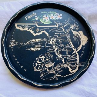 Vintage Florida State Map Pre - Disney Serving Tray Souvenir Platter Black Metal
