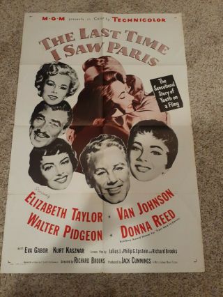 1 Vintage One Sheet Movie Poster For The Last Time I Saw Paris,  1954,  Liz Taylor