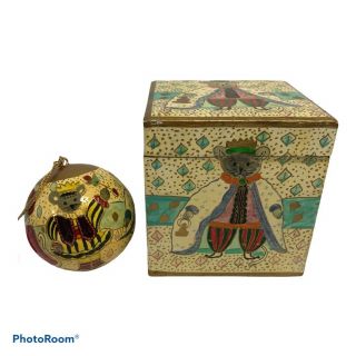 Vintage Hand Painted Box Matching Ornament Paper Mache India Lacquered Trinket
