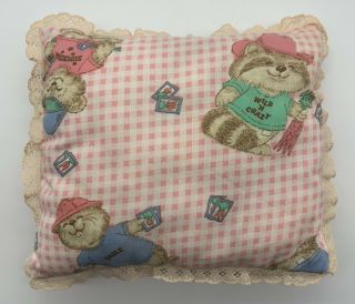 Infant Baby Doll Pillow Vintage Pink Gingham Cotton Fabric Gopher Raccoon Bear