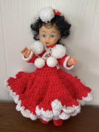 Crochet Doll Red White Christmas With Brown Hair Blue Eyes Vintage