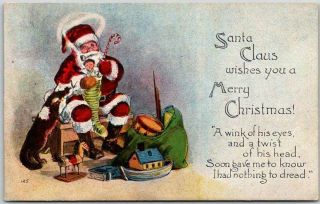 Vintage Christmas Postcard Santa Claus Smoking Pipe / Bag Of Toys 1918 Mn Cancel