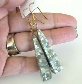 Vtg Mosaic Mother Of Pearl Shell Dangle Pierced Earrings Gold Tone Green