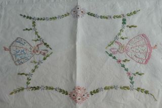 Vintage Irish Linen Tray Cloth Table Mat Hand Embroidered Crinoline Lady - Gc