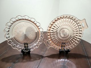 Vintage Pink Depression Glass Cookie Or Cake Plates - Diamond And Ray Patterns