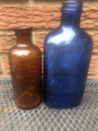Vintage 7” Phillips Milk Of Magnesia Cobalt Blue Bottle & 6” Amber Lysol Bottle