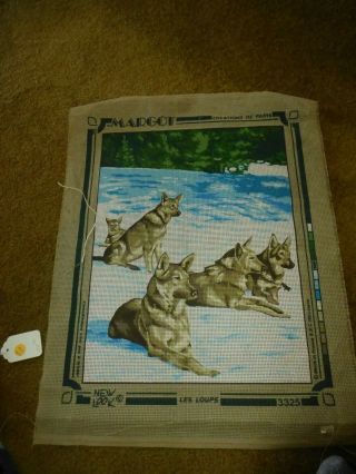 Vintage Large,  Handpainted Needlepoint Canvas " Les Loups " Wolves By Margot - Paris