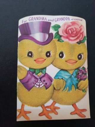 Vtg Rust Craft Easter Greeting Card Flock Anthropomorphic Chicks Grandma Grandpa