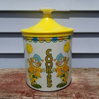 Cute Vintage Clowns Metal Cookie Jar With Plastic Lid Container