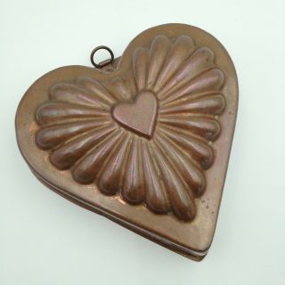 Vintage Copper Heart Shape Kitchen Mold Tin Lined Fluted Design Patina Valentine