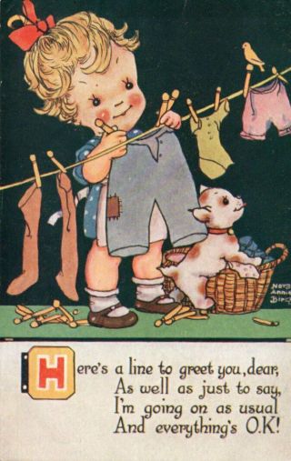 Vintage Beau Arts Nora Annie Birch Postcard Little Girl Hanging Washing Unposted
