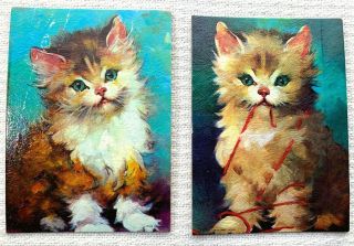 Set 2 Vintage Kitten Lithos Florence Kroger? Mid - Century Cat Print Art Retro B1