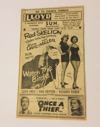 1951 Watch The Birdie/once A Thief Arlene Dahl/ann Miller Movie Print Ad 7x4 "