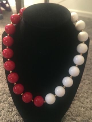 Vintage Red And White Large Napier Lucite Beads Necklace
