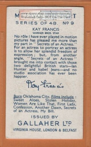 Kay Francis American Film Movie Stage Actress 1930s Trade Ad Card 2