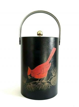 Vintage Mcm Couroc Ice Bucket Lid Black Cardinal Red Bird 11 " Tall Made Usa